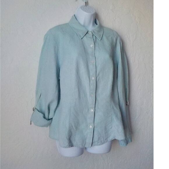 VTG Focus Lifestyle Blue Button Up Shirt Women size 16 100% Linen Long Sleeves - Picture 15 of 15